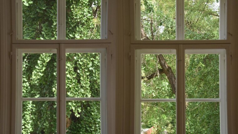 Zwei Fenster des Goethe-Laboratoriums mit Blick in den Botanischen Garten